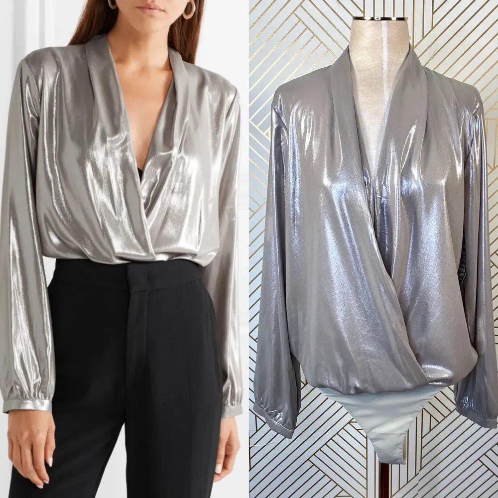 Michelle Mason Metallic‎ Draped Lame Thong Bodysuit Silver XS Party Night Out